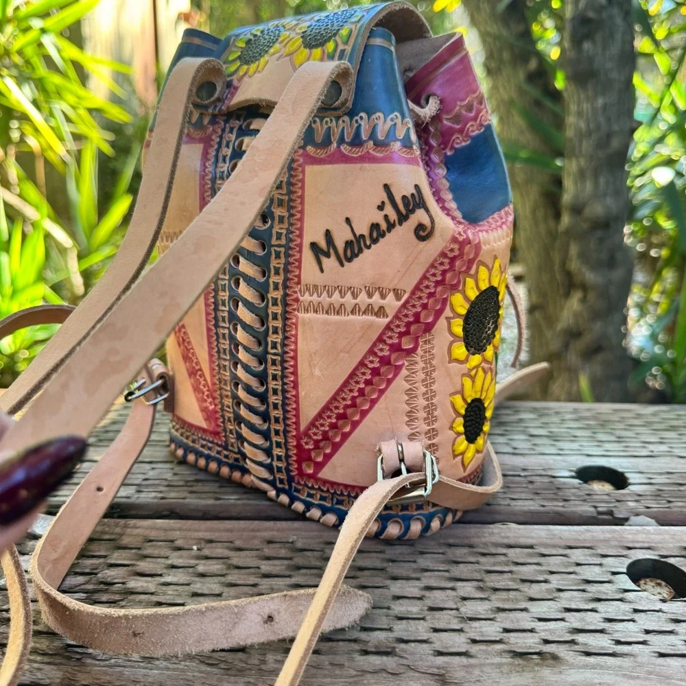 Leather Embossed and Hand-painted Artisan Backpack